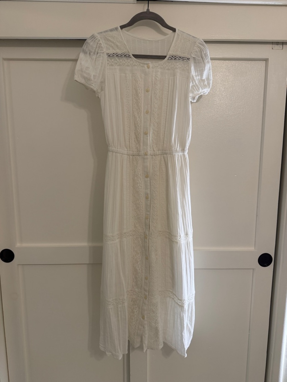 American Eagle White Button-Front Midi Dress with Lace Trim